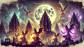 Spirits and demons build Prambanan temple under full moon and mystical flames
