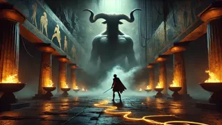 Teseo enfrenta al Minotauro en una cámara iluminada por antorchas del Laberinto.