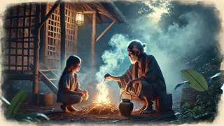 Elderly Filipino healer teaches young girl to burn herbs at dusk, smoke swirling around them