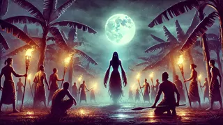 Villagers with torches face a shadowy shape-shifting aswang in moonlit banana grove