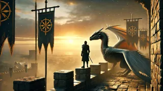 Un escudero caballerizado de pie junto a un majestuoso dragón en las antiguas almenas al amanecer.