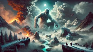 El primigenio gigante Ymir emerge en un choque de hielo y fuego en medio de una niebla turbulenta y la oscuridad.