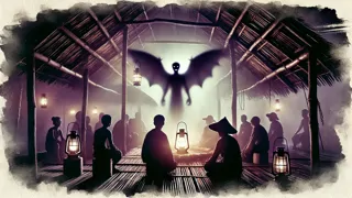 Der Manananggal, dessen oberer Rumpf sich von seinem Unterleib in einer düsteren Hütte löst, während die Dorfbewohner entsetzt zusehen.