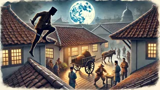 Si Pitung outwitting Dutch guards during a moonlit convoy heist