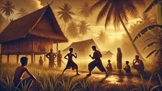 Young Si Pitung practicing silat in the village fields of Rawa Belong