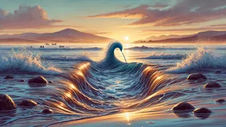 Ngake emerge con un chorro de agua mientras Whataitai se desliza por aguas tranquilas.