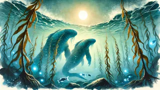 Ngake y Whataitai remolineando bajo las olas del océano en la luz del amanecer