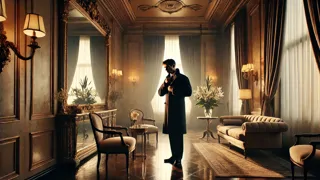 Paul admira su reflejo en el espejo ornamentado de una lujosa suite de hotel.