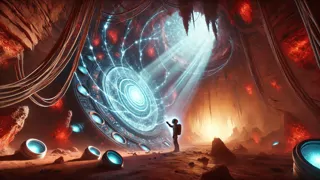 El polizón extiende la mano para tocar un dispositivo alienígena que palpita con energía dentro de una caverna.