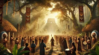 Junal and Ixal emerge from the underworld into dawn-lit jungle, greeted by villagers