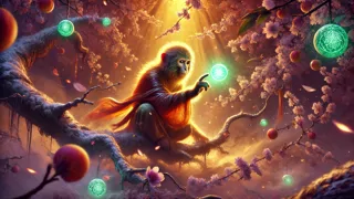 El Rey Mono alcanzando una durazno celestial brillante entre ramas plateadas.