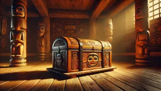 Una caja de madera curvada tallada que descansa sobre una plataforma de madera, con un débil resplandor que emana de sus costuras.