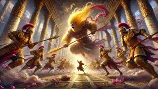 Guerreros celestiales enfrentándose al Rey Mono en el palacio del Emperador de Jade.