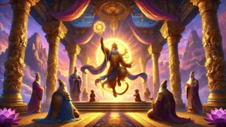 El Rey Mono de pie, triunfante, ante el Emperador de Jade y otros dioses tras su batalla cósmica.