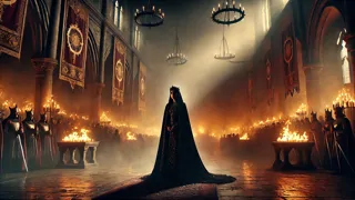 La reina Kriemhild ordenando una masacre en la corte de Etzel, llamas y caballeros armados en el caos.