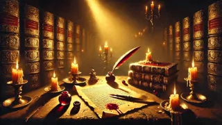 Fausto y Mefistófeles en una habitación iluminada por velas firmando un pacto con sangre.
