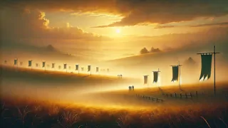 Secuelas de Mag Tuired, con los Tuatha Dé Danann atendiendo a los heridos bajo el sol naciente.