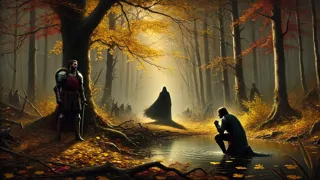 Hagen en las sombras, clavando una lanza en la espalda de Siegfried junto a un manantial del bosque mientras caen las hojas de otoño.
