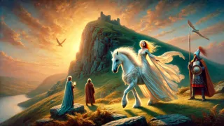 Rhiannon montando su mágico caballo blanco, encontrándose con Pwyll en la cima del túmulo Arberth.