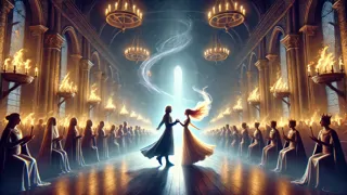 Etain y Midir bailan en el salón iluminado por antorchas de Tara mientras el viento gira a su alrededor.