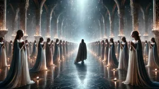 Eochaid se enfrenta a cincuenta mujeres idénticas en el salón mágico de Brí Léith, buscando a Etain.