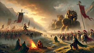 Los ejércitos de los Tuatha Dé Danann y los Fomoire se reúnen en la llanura de Mag Tuired, con los estandartes izados.