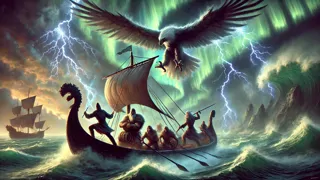 Väinämöinen y sus compañeros huyen en un barco mágico mientras Louhi, transformada en un águila gigante, ataca desde lo alto.
