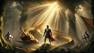 Siegfried matando al dragón en un antiguo bosque envuelto en niebla, con rayos de sol atravesando la penumbra.