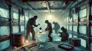 Los sobrevivientes reúnen bloques de aire congelado en una cámara de hielo tenuemente iluminada.