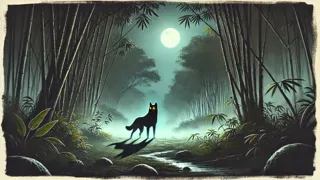 Black dog with glowing eyes stands over animal carcass in moonlit Philippine forest