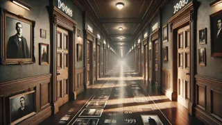Pasillo infinito de puertas envejecidas y distorsiones en los portales temporales