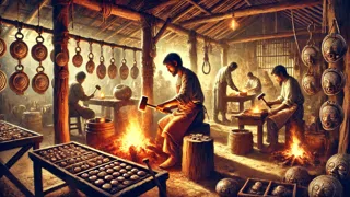 Muisca goldsmiths crafting intricate gold amulets using traditional techniques