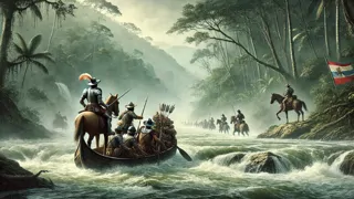 Spanish conquistadors navigating treacherous jungle rivers in search of El Dorado