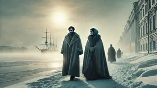 Un terraplén cubierto de nieve a lo largo del río Neva congelado, con dos figuras vestidas con largas capas pesadas.