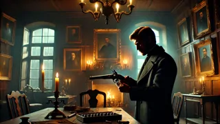 El coronel Volkov cargando su pistola de duelo a la luz de la vela en un solitario y tenue estudio