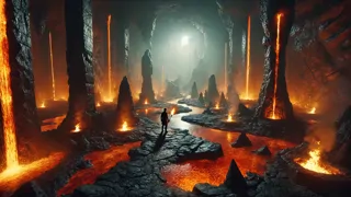 Luces de antorchas titilando, revelando escamas de dragón que brillan en las profundidades de una caverna.