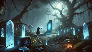 Un frasco de cristal sostenido por Elara, atrapando una resina prismática de un roble herido bajo un rayo de luz de luna.