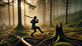 Joven escudero practicando golpes con la espada en un claro del bosque cubierto de neblina al amanecer.
