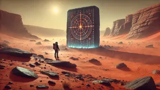 El polizón se encuentra frente a un monolito alienígena parcialmente enterrado, grabado con símbolos que emiten un resplandor brillante.