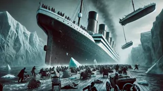 Pánico en la cubierta mientras el Titanic choca contra un iceberg, los pasajeros se abalanzan hacia los botes salvavidas que se balancean.