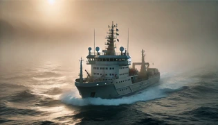 Un buque de investigación desplegando equipo de sonar a través de las aguas cubiertas de niebla de Saint Joseph Sound.