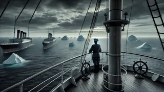 Los vigías del Titanic detectan icebergs lejanos mientras el cielo de la tarde se vuelve de un gris ominoso.