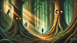 El niño adentrándose más en un bosque tenuemente iluminado, rodeado de árboles altos y miradas brillantes de criaturas escondidas.