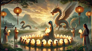 Au Co and Lac Long Quan surrounded by 100 radiant children emerging from eggs near a river