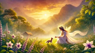 Au Co, dressed in flowing white, tends to a wounded animal in a vibrant mountain meadow