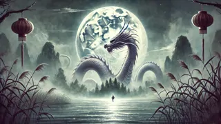 Lac Long Quan in dragon form stands at the riverbank, shimmering scales reflecting moonlight