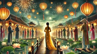 Tam con un áo dài dorado en un vibrante festival vietnamita, faroles brillando y los aldeanos admirándola.