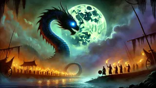 La silhouette du serpent Bakunawa eclipse la lune tandis que les villageois frappent des gongs en bambou.