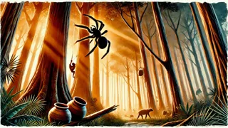 Anansi trepando un árbol alto llevando la olla de barro mientras las criaturas del bosque lo observan desde abajo.