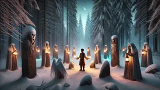Jakob se enfrenta a Perchta y a los Perchten enmascarados en un claro del bosque cubierto de nieve.
